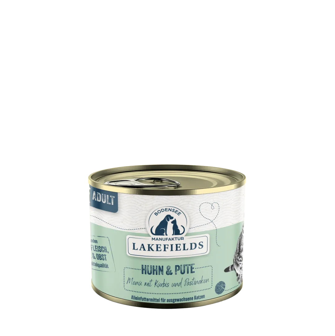 Lakefields Nassfutter für Katzen Menü Huhn und Pute mit Kürbis, Pastinake und Fenchel